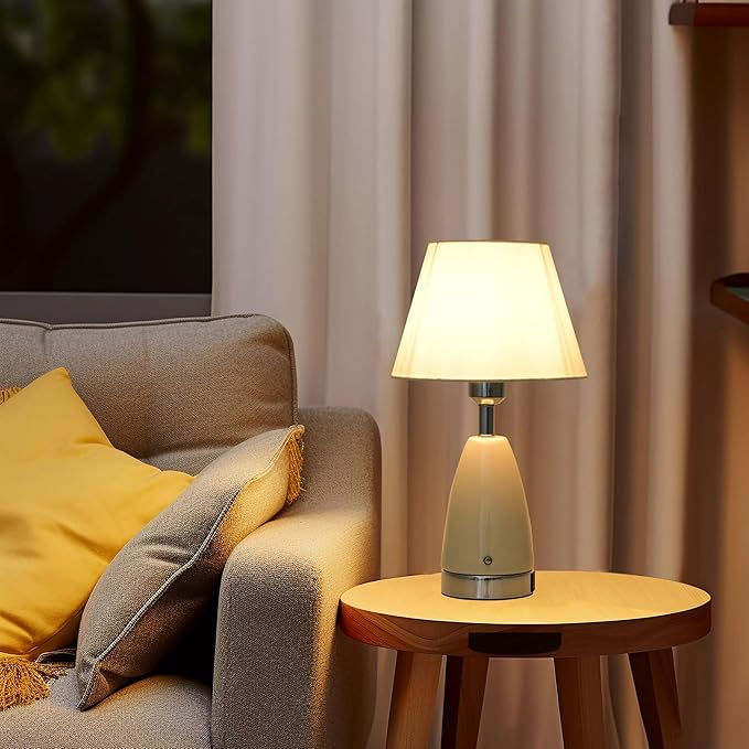 Farmhouse White Ceramic Table Lamp for Bedroom, Touch Dimmable Nightstand Lamps with Fabric Shade, 6W E26 Ceramic Lamp with USB A + C Port for Living Room Bedside Buffet