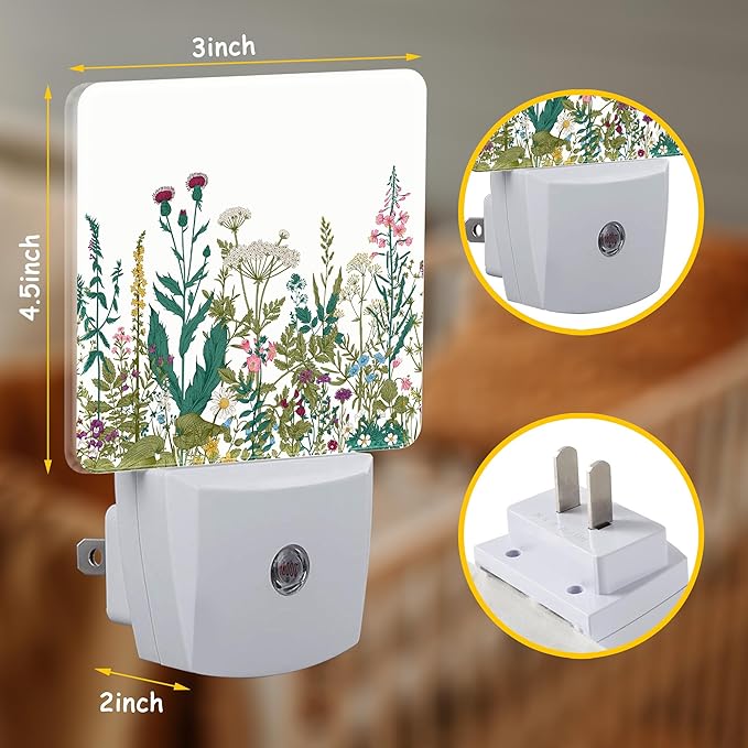 Vintage Wildflower Herbs Plug Night Light,Botanical Floral Night Light Lamp Auto Sensor Energy Efficient Dusk to Dawn Lights for Girls Boys Women Room Decor,Hallway,Kitchen,Bathroom,Nursery,Stairs