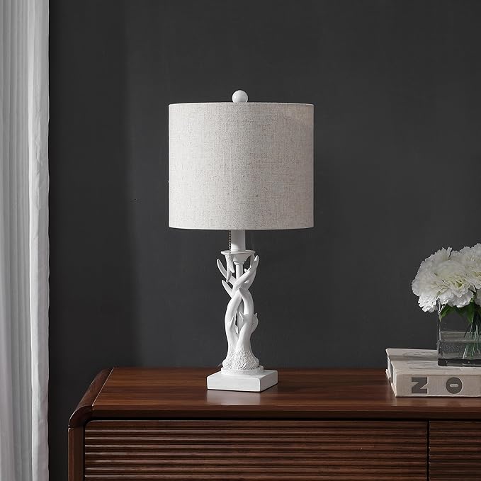 JONATHAN Y JYL1031C 20.5" Rustic Faux Antler Table Lamp for Living Room Bedroom, Farmhouse Lodge Cabin Style Bedside Nightstand Lamp with Grey Linen Drum Shade and Pull Chain, Antique White
