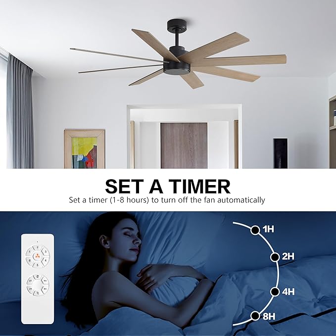 WINGBO 60" Large DC Ceiling Fans without Lights, 3 Downrods, 8 Plywood Blades, 6-Speeds Reversible DC Motor, Indoor Ceiling Fan No Lights for Bedroom Living Room Patio, Black and Gray