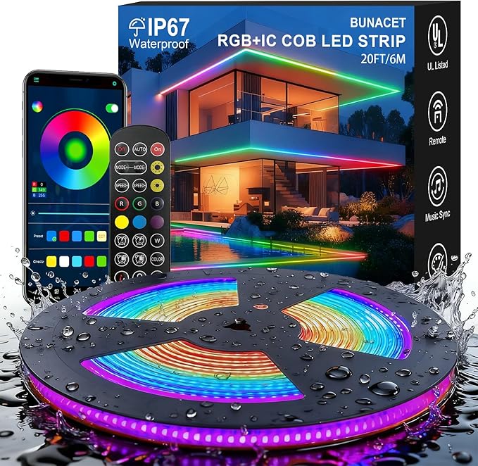 20FT COB RGB+IC LED Strip Lights, IP67 Outdoor 24V RGB LED Lights for Bedroom with RF Remote Smart App Control Music Sync Color Changing for Garden Outdoor Decor Pool Patio Party DIY Decoration