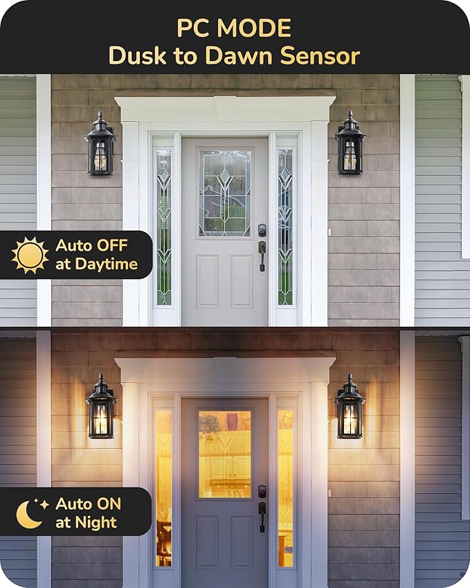 EDISHINE 2 Pack Motion Sensor Outdoor Wall Lights, Dusk to Dawn Exterior Lighting Fixture, Modern Porch Light Wall Mount, Clear Water Glass, Anti-Rust Aluminum for Front Door Garage, Patio, Black