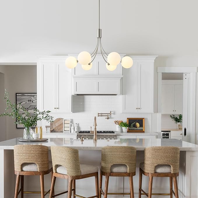 6-Light Brushed Nickel Chandelier, Modern Dining Room Light Fixture Hanging, Sputnik Chandelier for Living Room Kitchen Island Bedroom Entryway, Milk White Globe Glass Shade