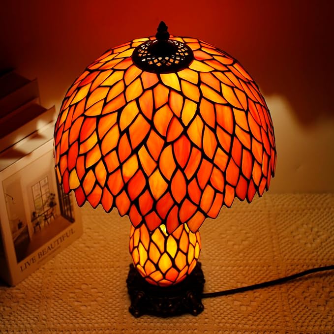 Tiffany Lamp Stained Glass Table Lamp 12X19 Inches Mother Daughter Vase Desk Accent Night Light for Bedroom Bedside Reading Home Antique Style(Wisteria Red Orange)