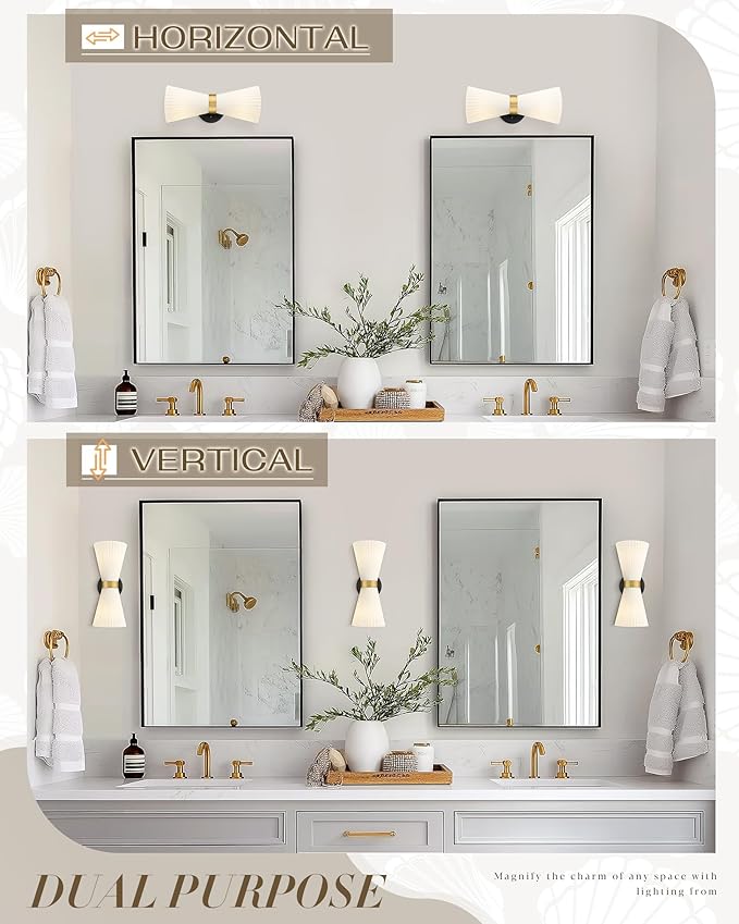 Indoor Wall Sconces, HWH Hardwired Black and Gold Bathroom Sconces Wall Lighting with Frosted Milk White Striped Glass, Modern Sconces Wall for Bathroom Hallway, 5HZG97B-2W BK+BG