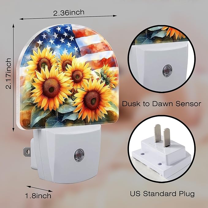American Flag with Sunflowers Night Light, Dusk-to-Dawn Auto Sensor Plug in Night Light for Kids, 0.5W Energy Saving LED NightLights for Bedroom/Bathroom, Ideal Gifts for Women Men