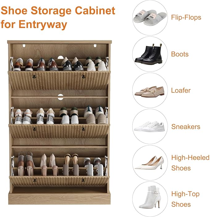 GarveeHome Shoe Cabinet with 3 Flip Drawers, Hidden Wooden Fluted Shoe Cabinet with Adjustable Shelf, Freestanding Shoe Storage Cabinet for Entryway Hallway, Living Room, Natural Oak