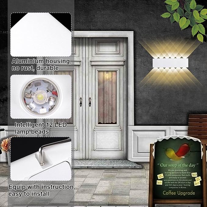 Kawell 12W Waterproof Modern Wall Light LED Wall Lamp Aluminum LED Wall Sconce Up Down Indoor Outdoor for Bedroom Bathroom Hallway Porch Corridor Hotel Doorway Garden Pathway, White 3000K