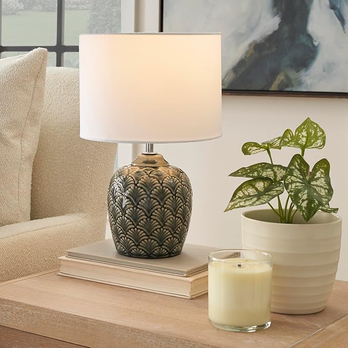 Nourison Home 13" Mini Grey Carved Motif Ceramic Table Lamp for Bedroom, Living Room, Console, Entryway