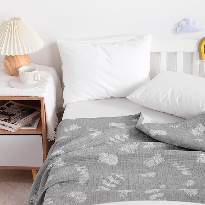 NTBAY 3 Layer Oversized Muslin Cotton Toddler Blanket, 45x60 Inches Jacquard Reversible Nursery Bed Blanket, Super Soft and Thermal Crib Blanket for All Seasons, Baby Gift, 45"x60", Grey Pineapple