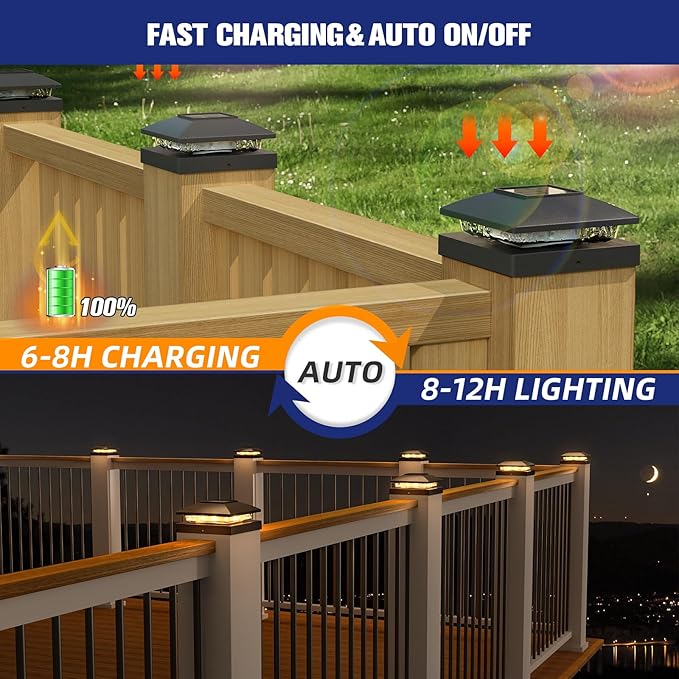 APONUO 4x4 Solar Post Cap Lights, 12 Pack Black for Wood/Vinyl Posts - IP64 Waterproof, 3000K Warm White LED, No-Wire Fence Lights & Deck Lights for Patio Garden Yard Patio