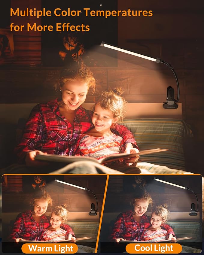 LEPOWER Led Clip on Light, 5W Reading Lights for Books in Bed with Gooseneck, Adjustable Color Temperature Clip Lamp, Ideal for Bedtime Reading and Piano Light, Metal, Black