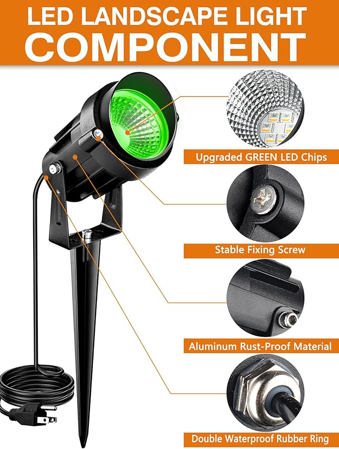 Christmas Green Landscape Lights Outdoor, 7W 110v 120V LED Landscape Lighting IP66 Waterproof Outdoor Spotlights for Garden Yard Pathway Tree, 4 Pack/ Green Landscape Lights,Directly sold by Factory