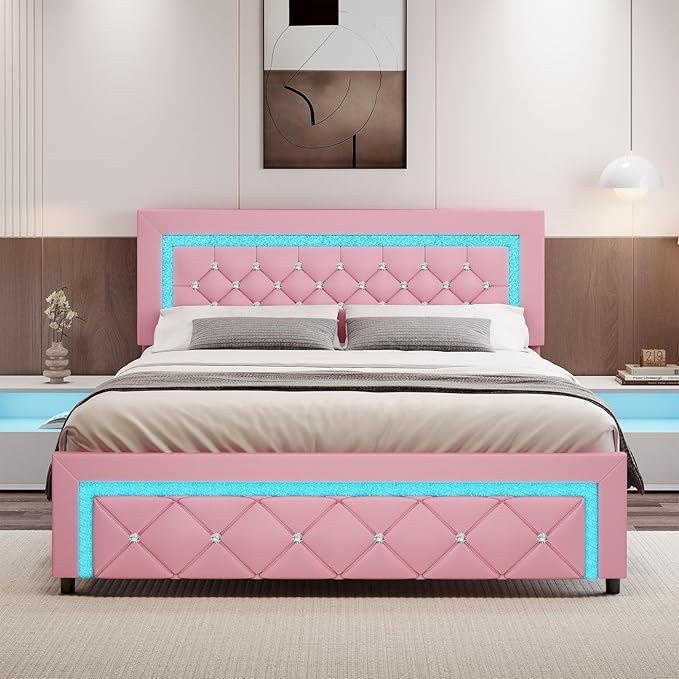 Full Bed Frames with LED Lights, Upholstered Platform Bed with Diamond Tufted Headboard, No Box Spring Needed, Noise Free, Easy Assembly, Pink