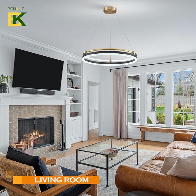 Modern LED Pendant Light 23.6" Black Gold Dimmable Circular LED Chandelier 1 Ring with Remote, Round Hanging Light for Kitchen Island Dining Room Living Room Foyer Entryway, 2-Ring Lighting