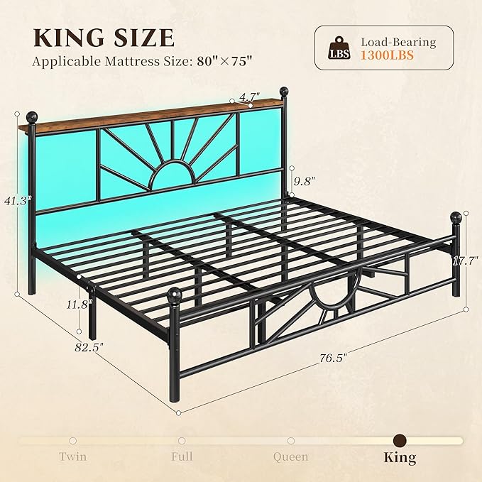 King Size Metal Platform Bed Frame with Classic Iron-Art Headboard & LED Light, Mattress Foundation with Under Bed Storage/No Box Spring Needed/Noise-Free/Easy Assembly, Black