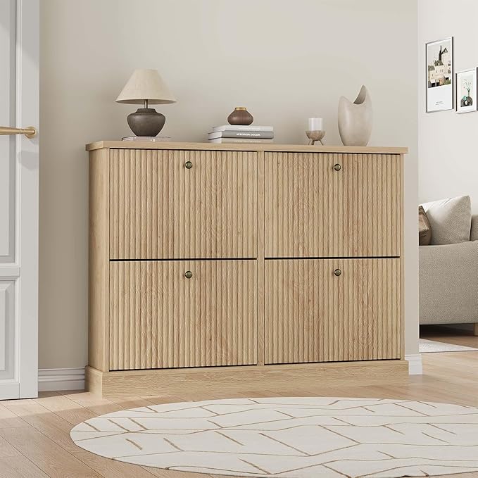 GarveeHome Shoe Cabinet with 4 Flip Drawers, Hidden Wooden Fluted Shoe Cabinet with Adjustable Shelf, Freestanding Shoe Storage Cabinet for Entryway Hallway, Living Room, Natural Oak
