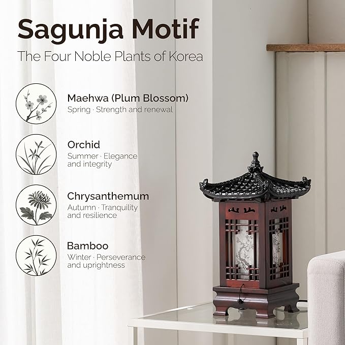 Traditional Korean Wood Lamp | Handmade Asian Oriental Table Lantern | Bedside Bedroom Accent Light | Unique Gift Idea | Pagoda Design (Brown) (House L)