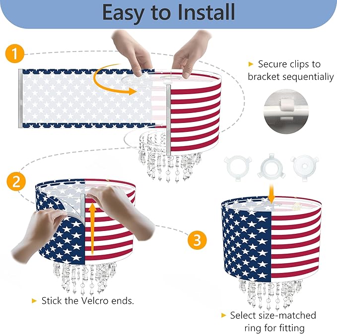 Patriotic Fabric Lamp Shade with Acrylic Bead Droplets, American Flag & Statue of Liberty, Drum Light Shade for Ceiling Pendant Table or Floor Lamps, 4th of July Decor, Military Gifts, 11.8in