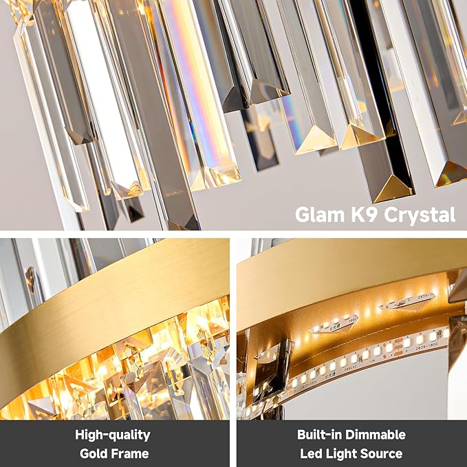 Gold Led Modern Crystal Chandelier: 19.7" Round Contemporary 3 Color Dimmable Dining Room Light Fixture over Table - Smoke Grey & Clear Crystals Chandeliers for Bedroom Living Kitchen Entryway Foyer
