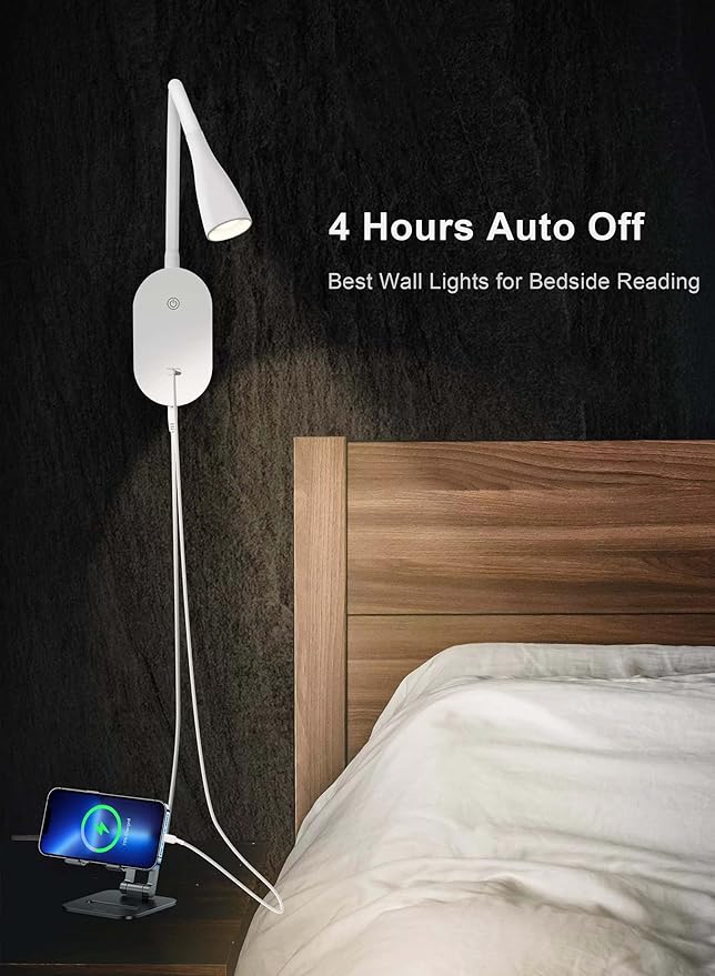 deeloop LED Wall Mount Reading Light for Bed, Reading Lamp with USB Output 5 Brightness Levels Touch Control Book Lights, 4000K Bedside Lamp Flexible Head Rotation, 2 Easy Install Options