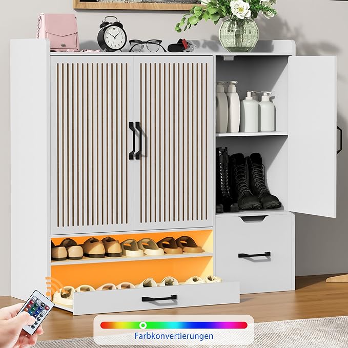 Shoes Storage Cabinet with 3 Doors,Fluted Shoe Cabinet with LED Light,Hidden Shoe Bench with Storage Freestanding Shoe Organizer Cabinet for Entryway,Hallway
