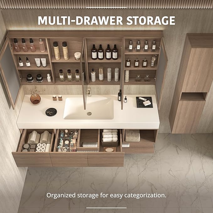 72" Modern Floating Bathroom Vanity Set with Sink, Side Cabinet, LED Smart Mirror Cabinet, 3 Soft-Close Drawers & Open Storage Shelves, Light Walnut