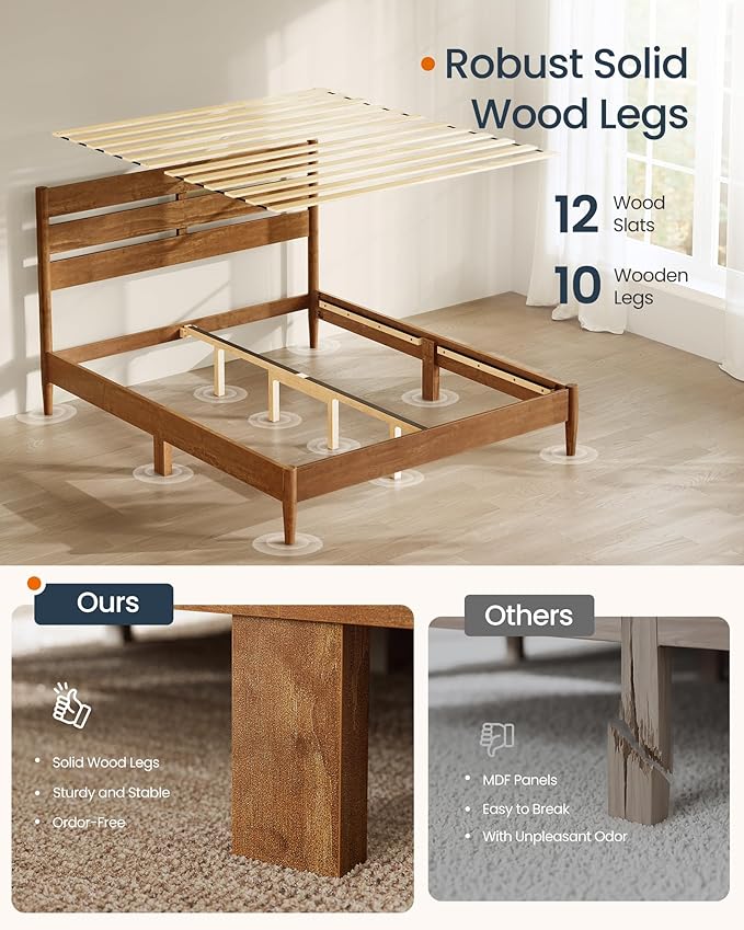 SONGMICS Home Full Bed Frame with Headboard, LED Lights & Charging Station, Solid Wood Legs and Slats, Mid-Century Modern Platform Bed, No Box Spring Needed, Caramel Brown URMB412K01V1