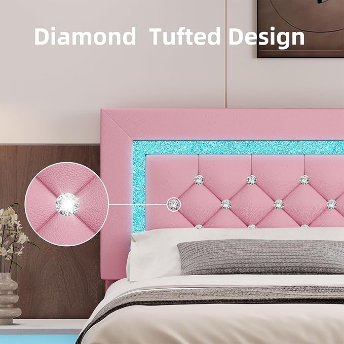 BarnFurin Twin Bed Frame with LED Lights, Upholstered Platform Bed with Diamond Tufted Headboard, No Box Spring Needed, Noise Free, Easy Assembly, Pink