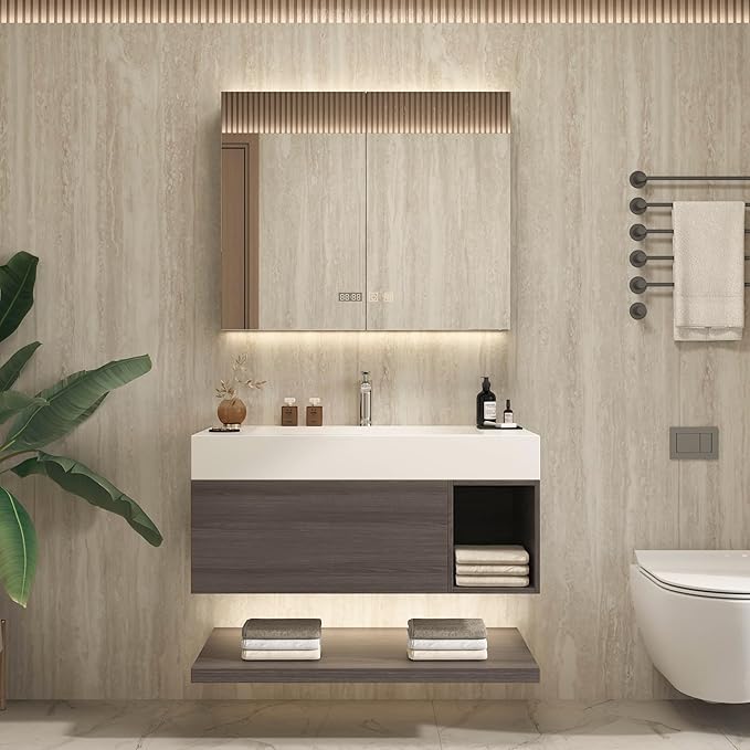 30" Modern Floating Bathroom Vanity Set with Sink, LED Smart Mirror Cabinet, Soft-Close Drawer and Open Storage Shelves, Grey Oak