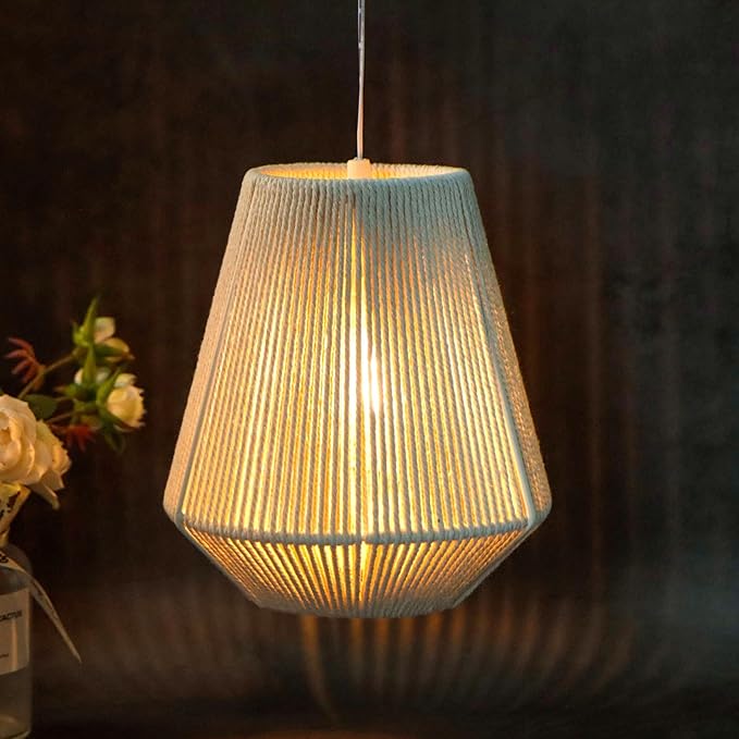 JHY DESIGN Battery Powered Hanging Lamp 8" H Braided Cotton Rope Decorative Pendant Lamp Battery Lamp with 6 Hours Timer for Bar Bedroom Patio Indoor Outdoor Living Room