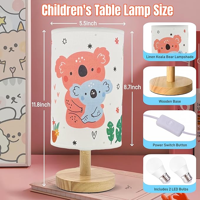 Kids Table Lamp for Girls Bedroom Nightstand Lamps, Christmas Gift for Girl-3Color Modes LED Cartoon Bedside Night Light with Koala Bear Lampshade and Wood Base, Desk Lamp for Kids room/Living Decor