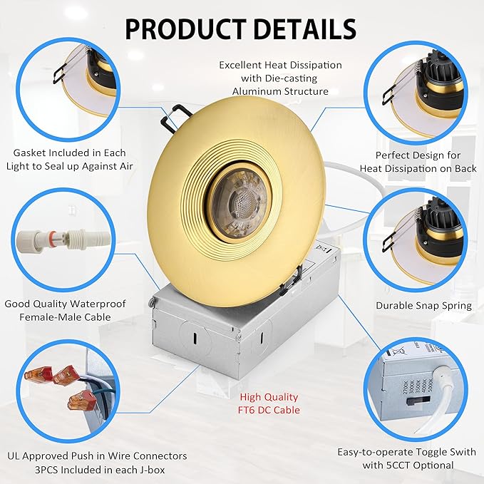 Premium 4-inch LED Recessed Lights - 5 CCT 4 Inch Eyeball Ceilling Gimbal Potlight, Dimmable Recessed Lights Fixture with Junction Box, 8W CCT Adjustable, Shiny Gold, with Baffle, 6P