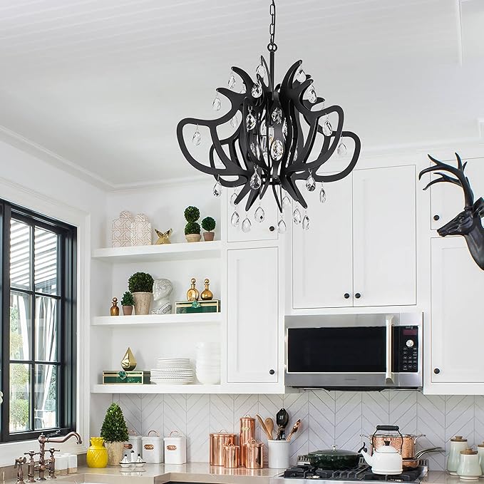 TOCHIC Black Chandelier, 24" Modern Farmhouse Crystal Chandeliers for Dining Room, Mid Century Metal Ceiling Light Fixture for Bedroom, Entryway, Living Room, Kitchen Island, Foyer