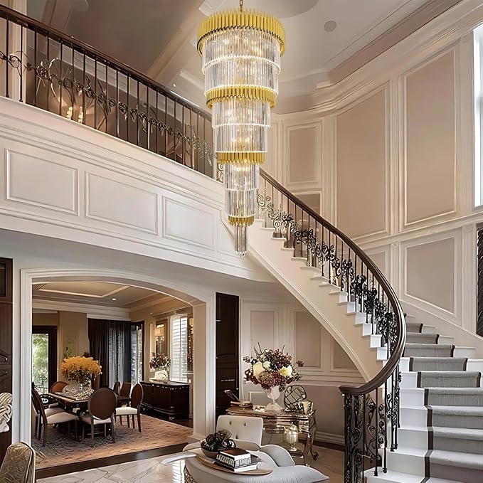 Large Crystal Chandelier Modern 32-Inch Gold Round Foyer Light Fixture 19-Light 7-Tier Luxury K9 Crystal Chandelier for High Ceilings Living Room, Staircase and Entryway