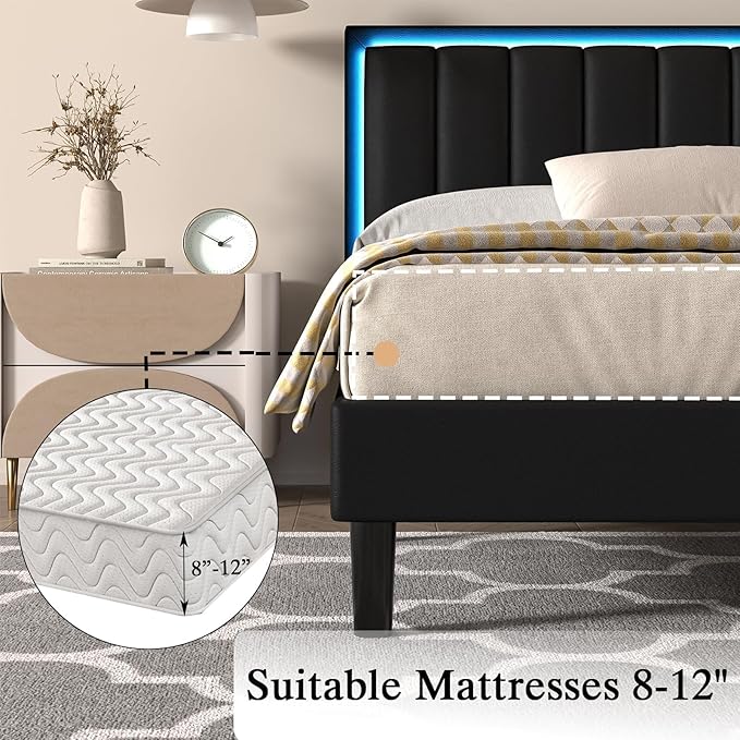 Twin Bed Frames, Upholstered Bed Frame Twin Size with Headboard, RBG LED Lights, Heavy Duty Wood Slats Support, Noise-Free, No Box Spring Needed, Easy Assembly, Black