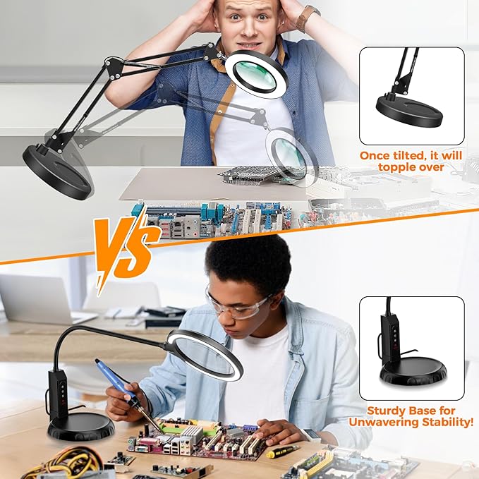 Magnifying Glass with Light and Stand, 15X & 8X Magnifying Lamp with Clamp, 5 Color Lighting Modes Stepless Dimmable LED Desk Lamp Hands Free for Crafts Hobby Reading Painting Sewing Close Work