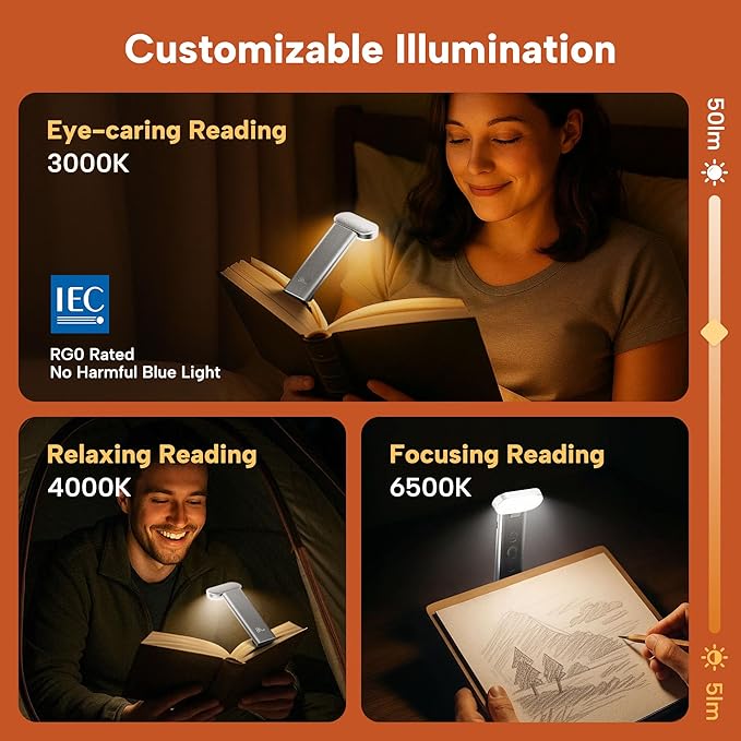 86lux Book Light, Reading Light for Book in Bed, USB Rechargeable LED Night Light with 3 Colors & Limitless Dimming,Bookmark Light for Book Lovers,Silver White