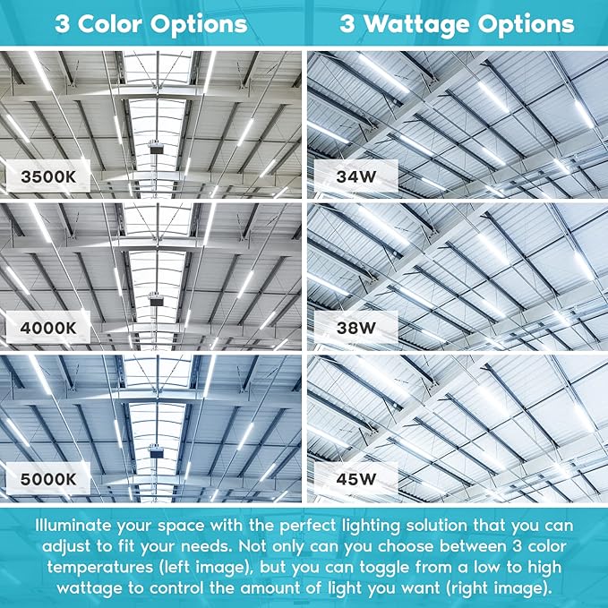 LUXRITE 4FT Slim LED Shop Light, 34W/38W/45W Adjustable, Up to 5940 Lumens, 3 Color Selectable 3500K-5000K, Linear Strip Light Fixture, 0-10V Dimmable, Damp Rated, UL Listed - Garage, Workshop