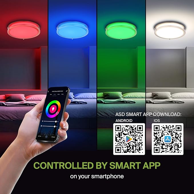 ASD LED 18" Round Flush Mount Lighting, Close to Ceiling Light Fixture | Smart, Multicolor, Dimmable, ETL Listed | 28W 1850LM RGB-2700-6500K 120V | Low Profile Double Ring Lamp | Nickel, 2 Pack