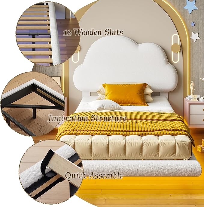 LIKIMIO Twin Bed Frames, Floating Bed Frame with LED Light and Upholstered Headboard, Solid Wooden Slats Support, No Box Spring Needed, White
