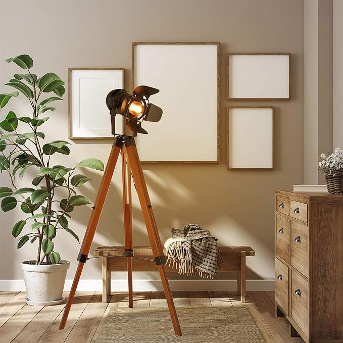 SUNLLOK Vintage Black Wood Tripod Floor Lamp for Living Room, Modern Industrial Metal Nautical Cinema e26 Standing Corner Searchlight - Rustic Reading Adjustable Desk Table Light for Bedroom Office