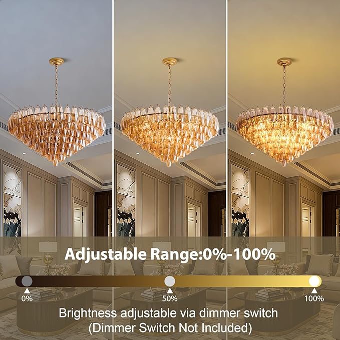 37" Extra Large Chandelier, 14-Light Gold Modern Round Chandelier for Living Room, Tiered Smoke Blown Glass Brass Chandeliers, Hanging Light Fixture for Bedroom, Dining Room, Foyer, Entryway