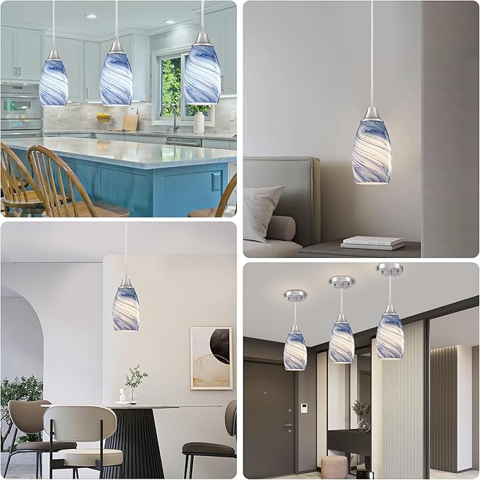Mini Glass Pendant Light 1-Pack Dark Blue Marble Art Glass Pendant Lights Kitchen Island Brushed Nickel Finish Hanging Light for Kitchen Over Sink,Dining Room,Foyer,Hallway