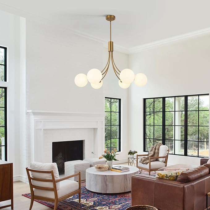 6-Light Modern Farmhouse Gold Chandeliers for Dining Room Light Fixture, Mid Century Hanging Sputnik Chandelier for Living Room Kitchen Island Bedroom Foyer, Milk White Globe Glass Shade