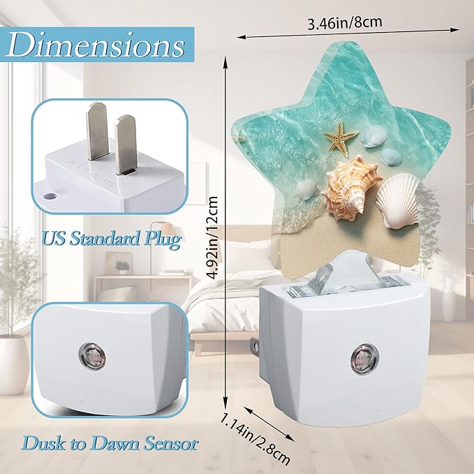 Beach Starfish Shells Plug-in Night Light with Dusk-to-Dawn Sensor for Bathroom,Bedroom and Hallway Sleep Friendly Lamp for Women/Girls/Boys Gift,0.5w