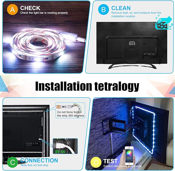 maylit Led Strip Lights, 8.2 ft Tv Led Backlight for 40-60 inch Tv Bluetooth Control Sync to Music, USB Bias Lighting Tv Led Lights Kit with Remote - RGB 5050 LEDs Color Lights for Room Bedroom