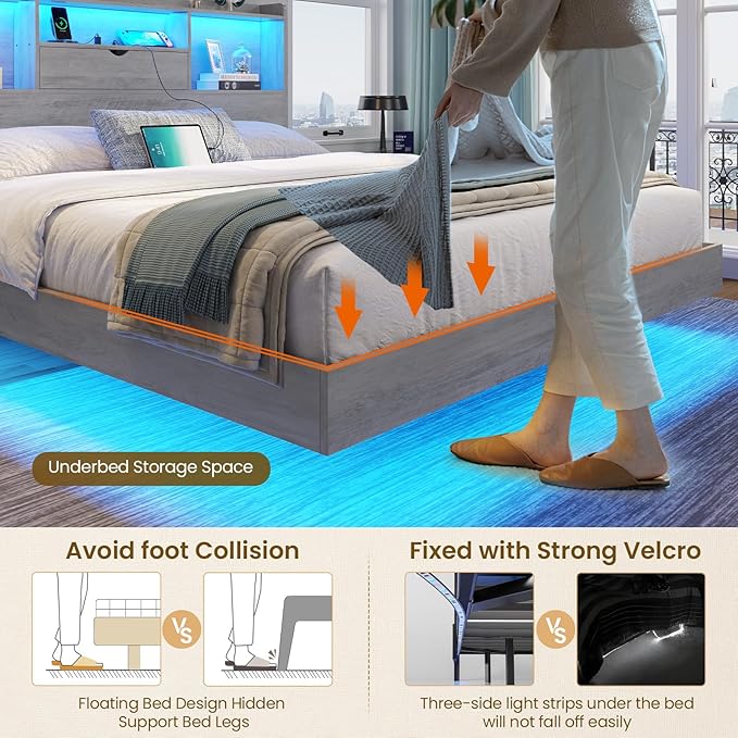 DICTAC King Floating Bed Frame with LED Lights and Headboard Storage, Visual Floating Bed with Charing Station, King Size Metal Platform Bed with Stable Structure, No Box Spring Need, Easy Assembly