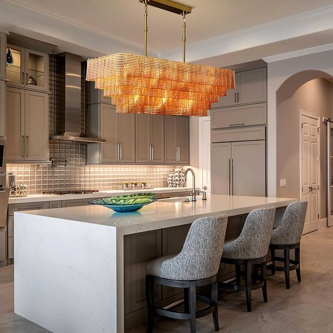 Rectangular Large Chandelier for Dining Room, 59" Amber Glass Pendant Light Fixture Over Kitchen Island, Linear Chandelier with Adjustable Height, Gold Chandeliers for Dining Table & Living Room