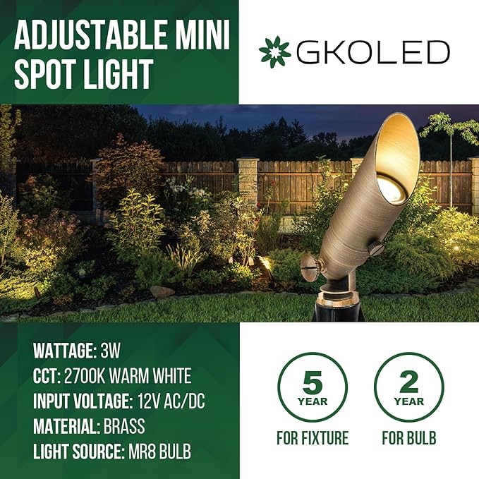 GKOLED Low Voltage Solid Brass LED Spotlight with MR8 Bulb, Outdoor Waterproof Landscape Lighting, Adjustable Uplights with Stake for House Garden Trees Lawn Patio Yard Fence, 3W 12V 180LM 2700K
